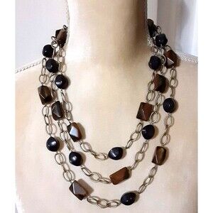 Rustic Gold Tone Chain Necklace 24" Deep Purple & Brown Beaded Multi Strand